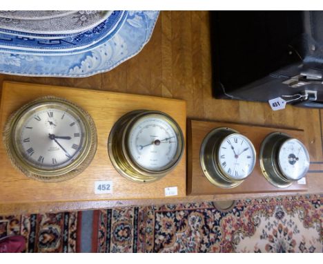 A Celeste yacht alarm clock &amp; aneroid barometer on wooden surround, together with other.