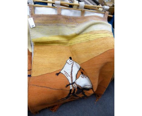 Two figures in the desert, Sosoto Design Gallery, tapestry wall hanging in oranges, yellows and creams (120cm x 90cm)