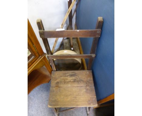 A metamorphic three tread ladder/chair, a vintage childs wooden hoop + a garden sifter and turf tamper. (4)