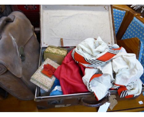 A Victorian pale blue silk skirt and bonnet together with a cloak; a leather briefcase; a leather bound canvas suitcase etc. 