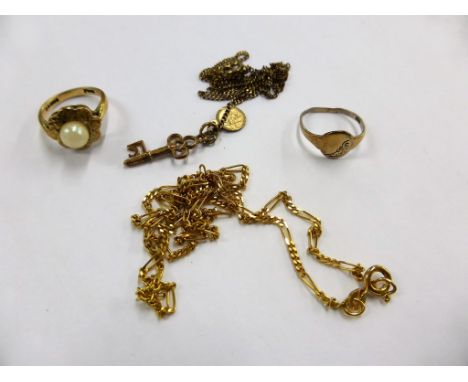 Two 9ct gold chains, a 9ct gold boy's signet ring &amp; a 9ct gold &amp; pearl girl's ring (4)