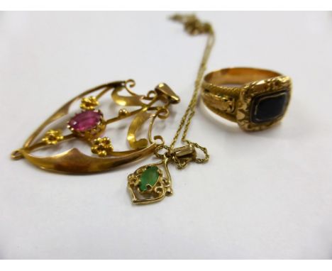 9ct gold &amp; pink stone pendant; Victorian gold and enamel mourning ring (worn) and 9ct and emerald pendant on trace chain.