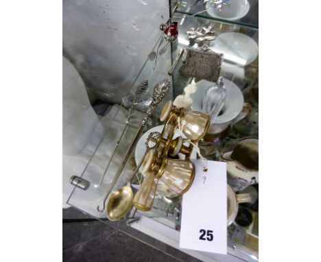 A Sterling silver and enamel model of a red rose together with a pair of MOP and gilt metal opera glasses; a silver purse; a 