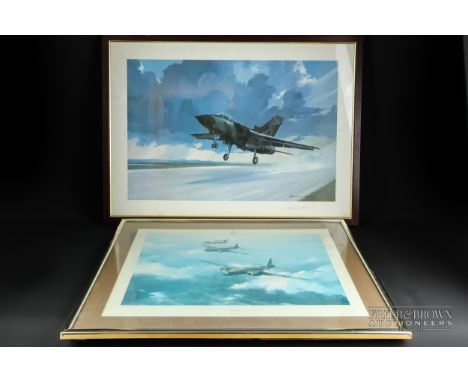 Aviation interest - Wellington Bomber, print, signed on mount; and another print, Harrier jet taking off, signed on mount (2)