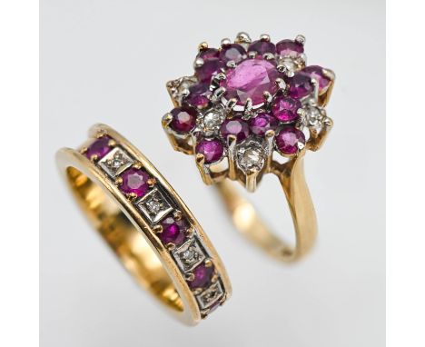 A 9ct ruby and diamond effect cluster ring, together with a 9ct ruby and diamond engagement band, 9.1g, size O.