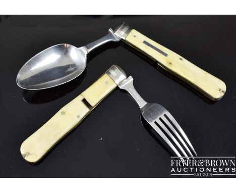 Victorian folding campaign cutlery, comprises silver plated fork and spoon with ivory mounted handles, marked WH&S, 19cm max