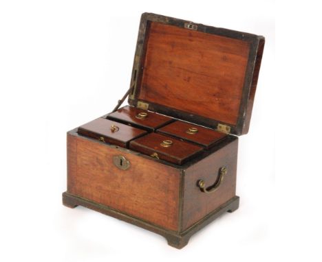 A 19th Century mahogany crossbanded tea caddy with twin brass drop handles above bracket feet, complete with four later assoc