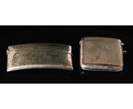 A hallmarked silver clapper board card case of plain form, together with an engine turned cushioned rectangular vesta case, B