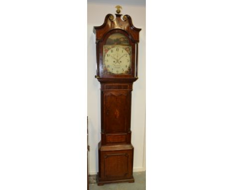 A 19th Century oak and mahogany longcase clock by Richard Clinton Eccleshall with painted arch dial and eight day striking mo