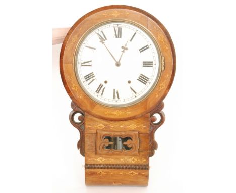 An early 20th Century eight day drop dial wall clock, Roman numerals to a circular dial within an inlaid decorated case, leng