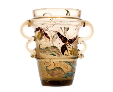 A late 19th Century Emile Galle twin handled glass vase circa 1890, of tapering form with applied twin scroll handles, enamel