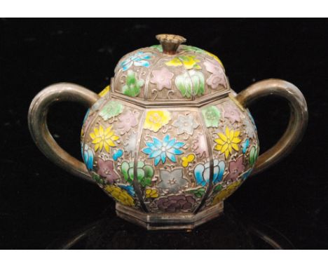 A Chinese silver and enamelled twin handled octagonal sugar or preserve bowl, enamelled floral decoration in lilac, yellow gr