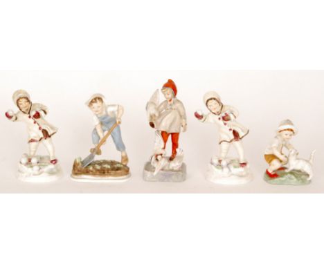 Five Royal Worcester Freda Doughty figures comprising Saturday's Child, November, Snowy and two December, all with black prin