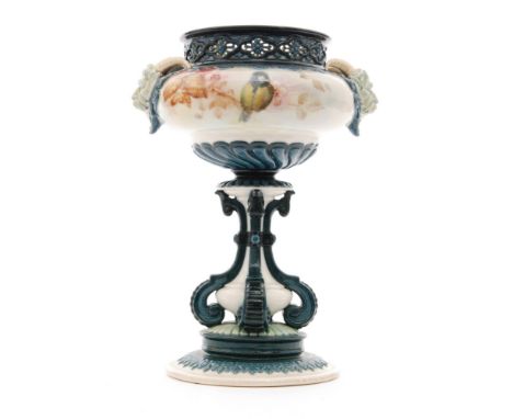 An early 20th Century Royal Worcester pedestal pot pourri, the body decorated with a hand painted blue tit perched on a straw