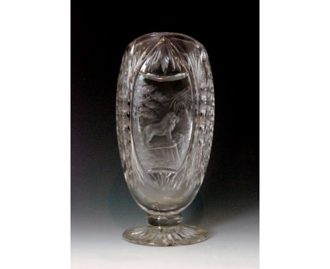 A 1930s Thomas Webb & Son clear crystal glass vase engraved by H.J. Boam, the circular spread foot rising to a compressed sle