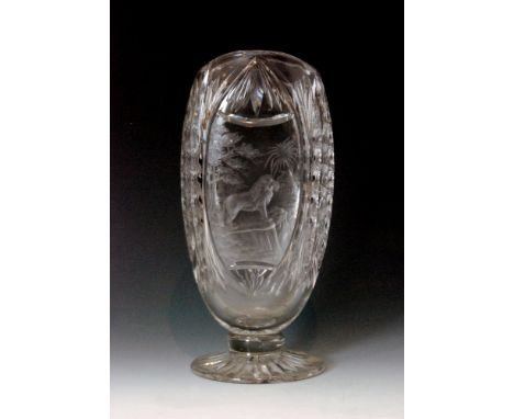 A 1930s Thomas Webb & Son clear crystal glass vase engraved by H.J. Boam, the circular spread foot rising to a compressed sle