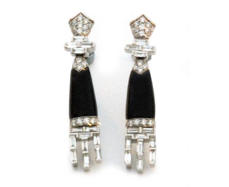 A pair of Art Deco style 18ct white gold onyx and diamond pendant earrings, round brilliant cut diamond set fittings above on