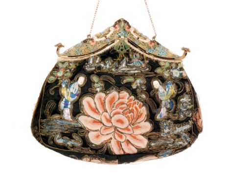 A 1930s ladies vintage Chinoiserie handbag, the black satin purse embroidered with figures and flowers with gold coloured thr