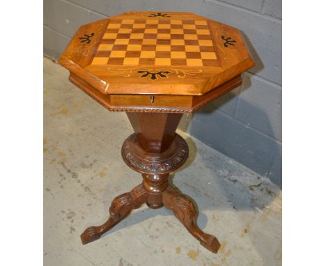 A Victorian octagonal inlaid work table, the chequer inlaid top enclosing a fitted divisioned interior above a fluted pedesta