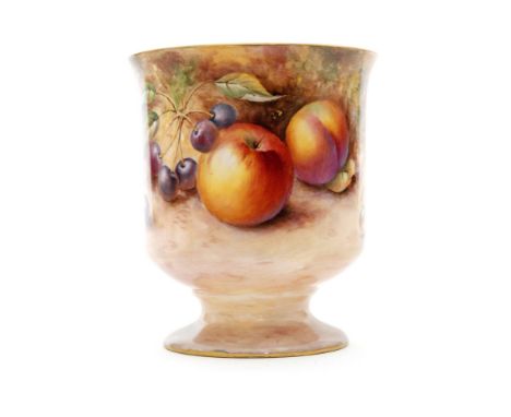 A Royal Worcester Fallen Fruits chalice vase decorated in the round by P. English with peaches, apples and cherries, signed, 