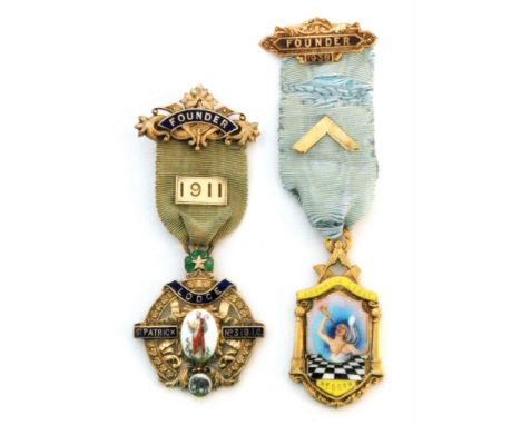 A hallmarked silver and enamel decorated Masonic Founders Jewel St Patrick Lodge No 319 engraved 1911 and a similar example A