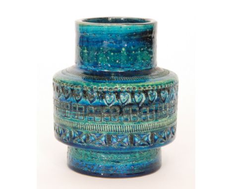 A post war Italian studio pottery footed vase decorated with bands of impressed patterns against the blue and green ground, a