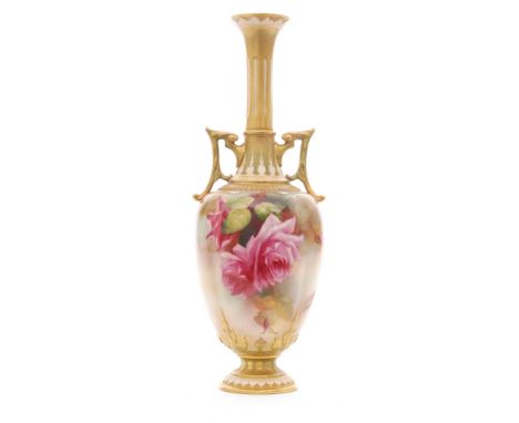 An early 20th Century Royal Worcester Hadley shape 211 twin handled vase decorated by H Martin with hand painted crimson rose