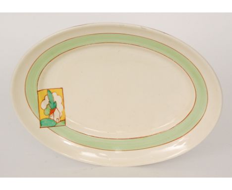 A large 1930s Clarice Cliff meat plate decorated in the Stroud pattern, hand painted with a rectangular cartouche panel with 