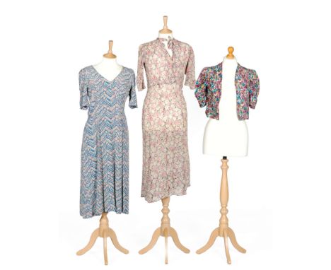 A 1930s ladies vintage floral crepe dress in blue, approximate size 8, together with a 1930s crepe dress with an all over flo