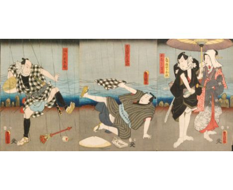 UTAGAWA KUNISADE (1823-1880) - Comical actors on an open air stage, triptych woodblock print, framed, 36cm x 73cm  