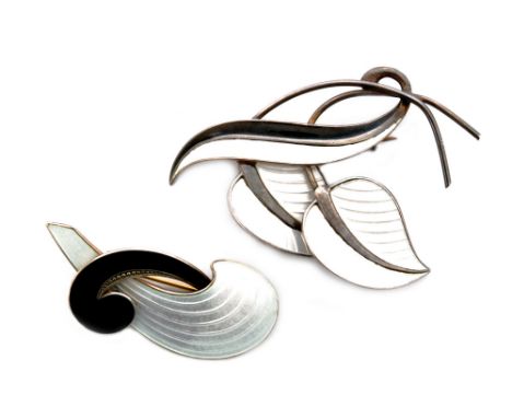 Two Norwegian silver gilt and guilloche enamelled brooches, one a leaf spray brooch, the other with interlocked swirls, each 