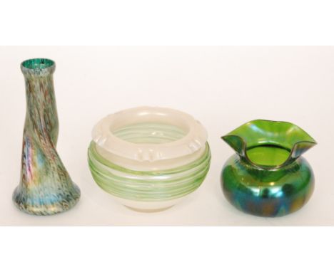 An early 20th Century Kralik glass bowl of squat form with applied green trailing to a pearlescent ground, together with a si