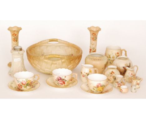 A small collection of assorted Royal Worcester blush ivory to include two teacups and saucers and a small ovoid vase decorate