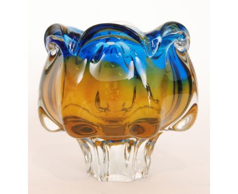 A post war Chribska glass bowl designed by Josef Hospodka, of lobed form in graduated amber to blue cased in clear crystal, h