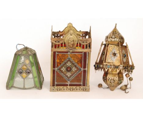 An early 20th Century leaded glass and brass mounted hall light of square section, with two similar examples. (2)