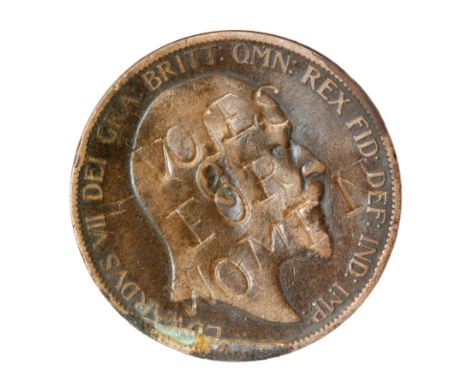 A 1902 Edward VII penny defaced with the words Votes for Women, stamped across the Kings head It is believed that the first d