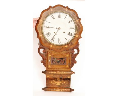 An early 20th Century mahogany eight day drop dial wall clock with Roman numerals to a white enamelled dial, the case detaile