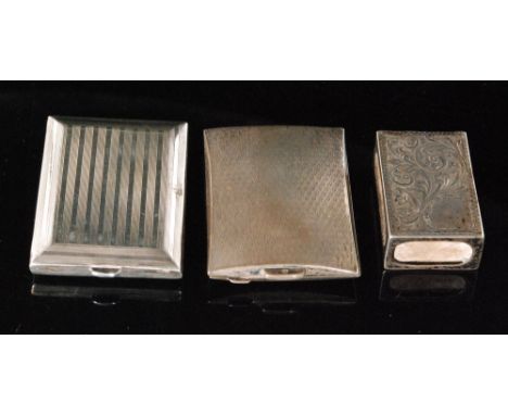 Two hallmarked silver rectangular match book holder each with engine turned decoration, together with a match box holder, var