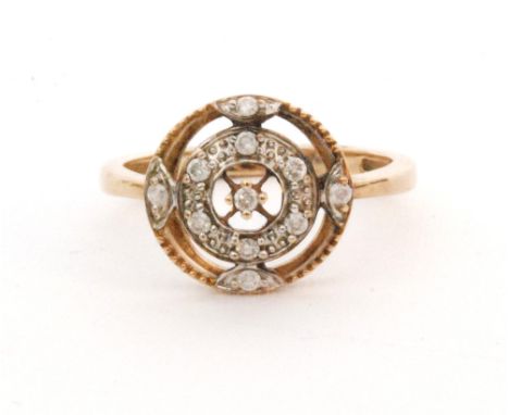 A 9ct hallmarked diamond cluster ring, central diamond within a circular pierced head set with further diamond details, all t