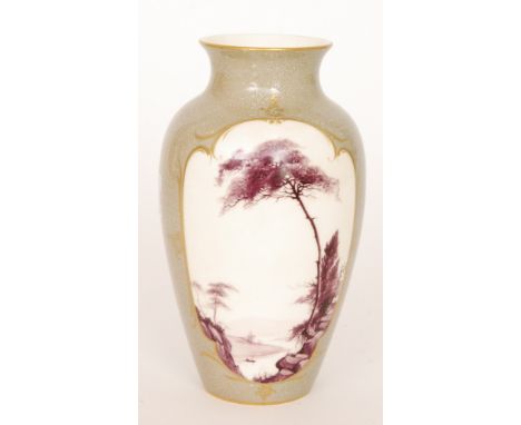 A Royal Worcester vase decorated by Sedgley with a central cartouche hand painted with a puce landscape, all to a mottled gre