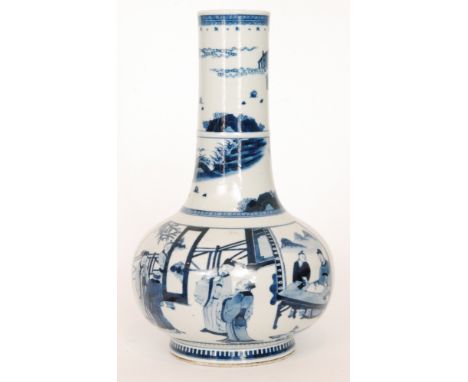A large Chinese blue and white vase of compressed form with a cylinder neck, the ovoid body decorated with two hand painted r