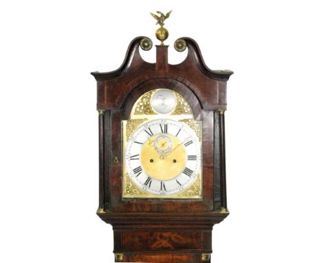 A 19th Century oak and mahogany crossbanded longcase clock with eight day striking movement, the later brass arch dial and si