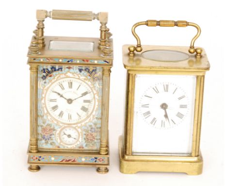 A 19th Century French champ leve enamelled carriage clock with subsidiary dial, S/D and a later brass carriage clock (2)