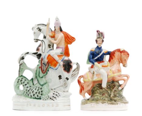Two 19th Century Staffordshire equestrian flatbacks, the first depicting St George, the second the The Prince of Wales, both 