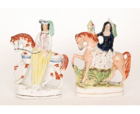 Two 19th Century Staffordshire equestrian flat back figures, the first entitled 'Princess' with a lady sat side saddle on a h