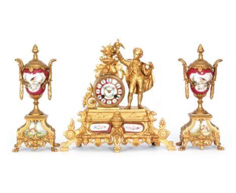 A 19th Century gilded spelter eight day strike mantle clock, Roman numerals to a circular dial with a standing figure of a yo
