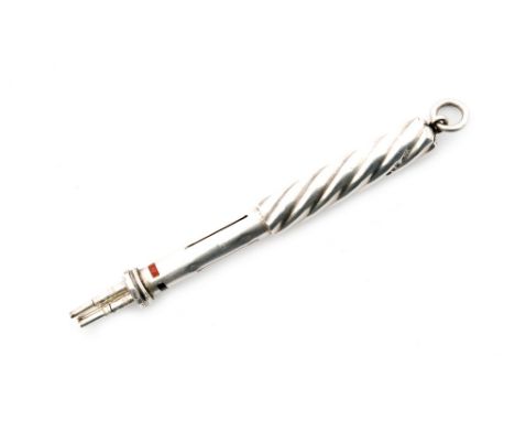 A hallmarked silver wrythen cylindrical three lead pencil holder terminating in pendant loop with enamel details when extende