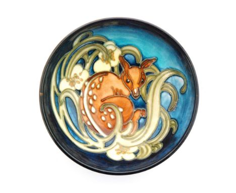 A Moorcroft Pottery small footed bowl decorated in the Fallow Deer pattern designed by Kerry Goodwin, impressed marks, number