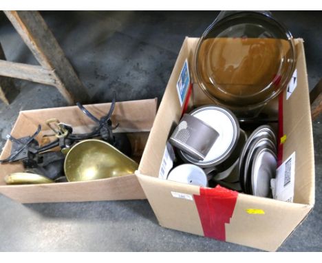 Set of vintage weighing scales and a box of glassware and part coffee set 