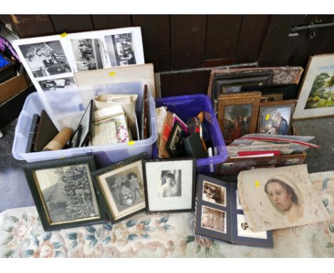 Vintage suitcase and two boxes of pictures, photographs, drawings, paintings etc
